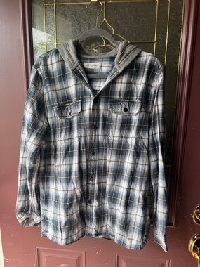 Aeropostale Men’s Blue and Gray Plaid Hooded Shirt Jacket